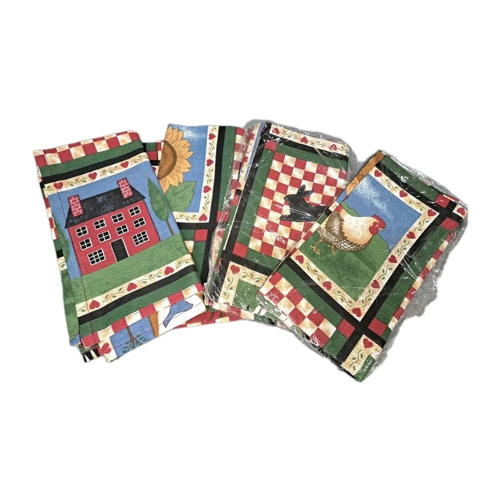 Vintage Folk Art Napkins 17x17 The Linen Source Farmhouse Lot Of 4